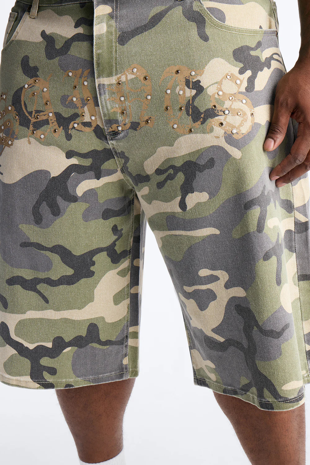 Relaxed Saints Embellished Camo Denim Shorts - Camouflage