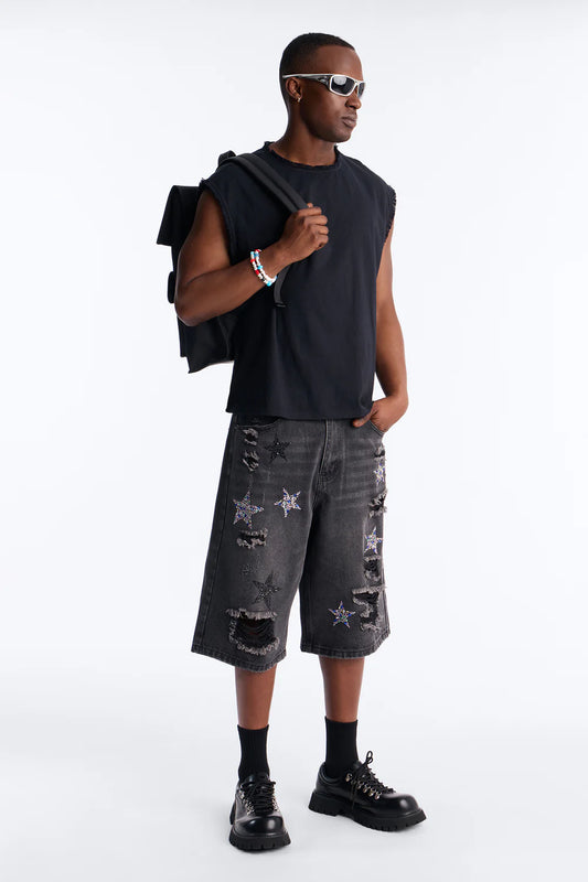 Cosmic Jeweled Baggy Denim Short - Black Wash