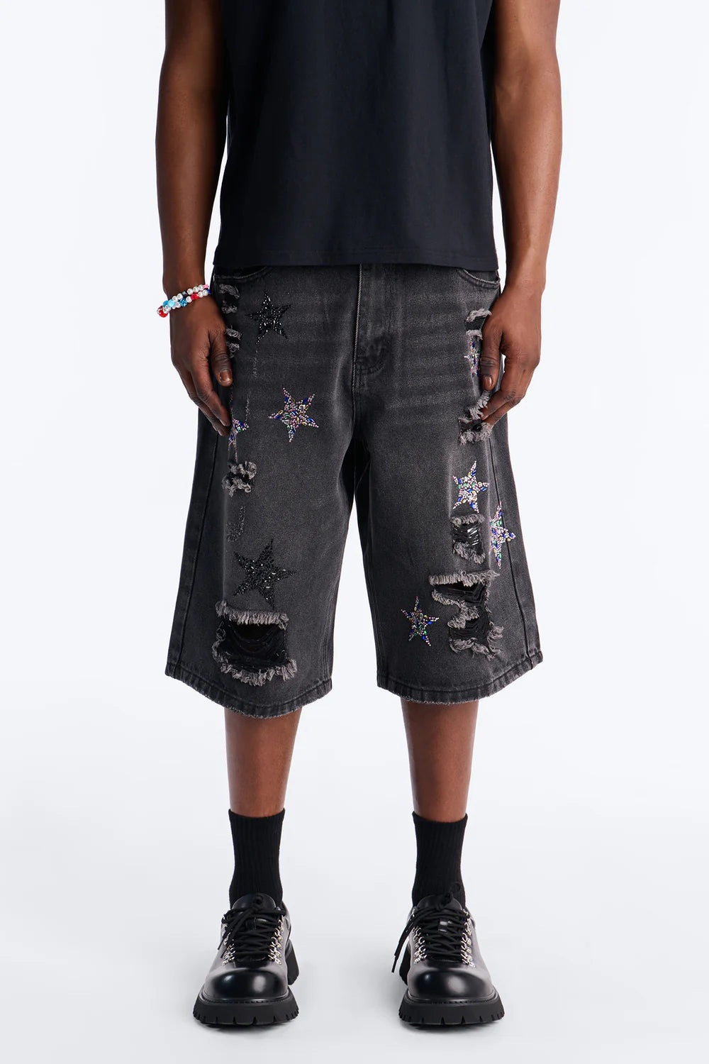 Cosmic Jeweled Baggy Denim Short - Black Wash