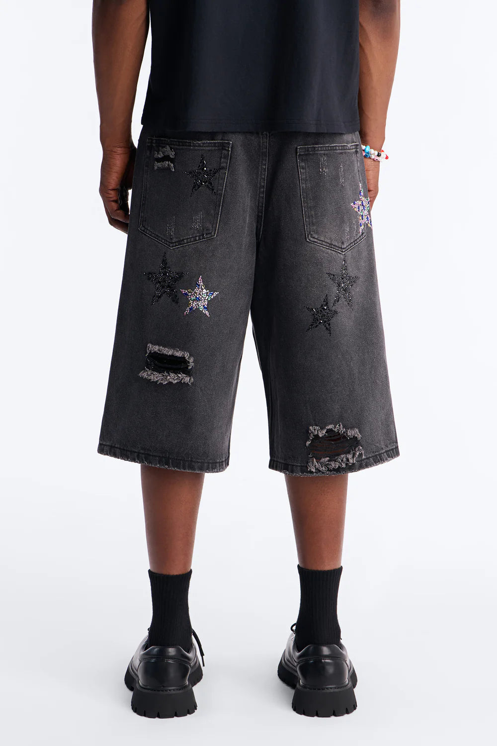 Cosmic Jeweled Baggy Denim Short - Black Wash