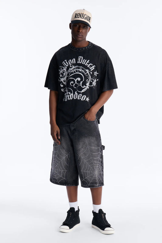 Baggy Jeweled Web Carpenter Denim Short - Black Wash