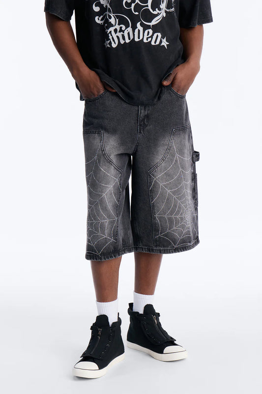 Baggy Jeweled Web Carpenter Denim Short - Black Wash