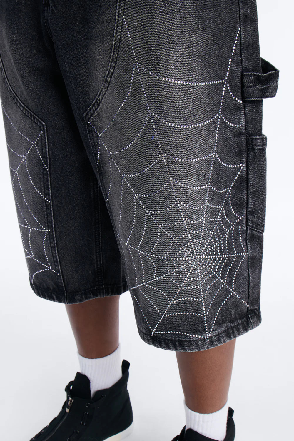 Baggy Jeweled Web Carpenter Denim Short - Black Wash
