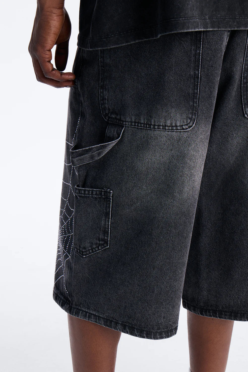 Baggy Jeweled Web Carpenter Denim Short - Black Wash