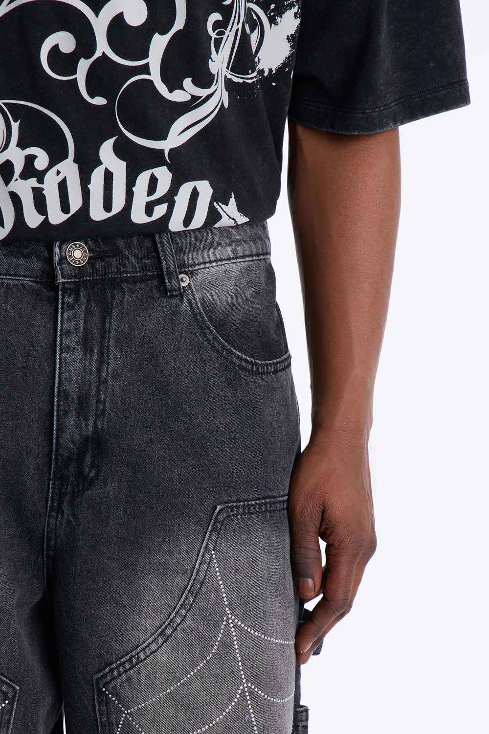 Baggy Jeweled Web Carpenter Denim Short - Black Wash