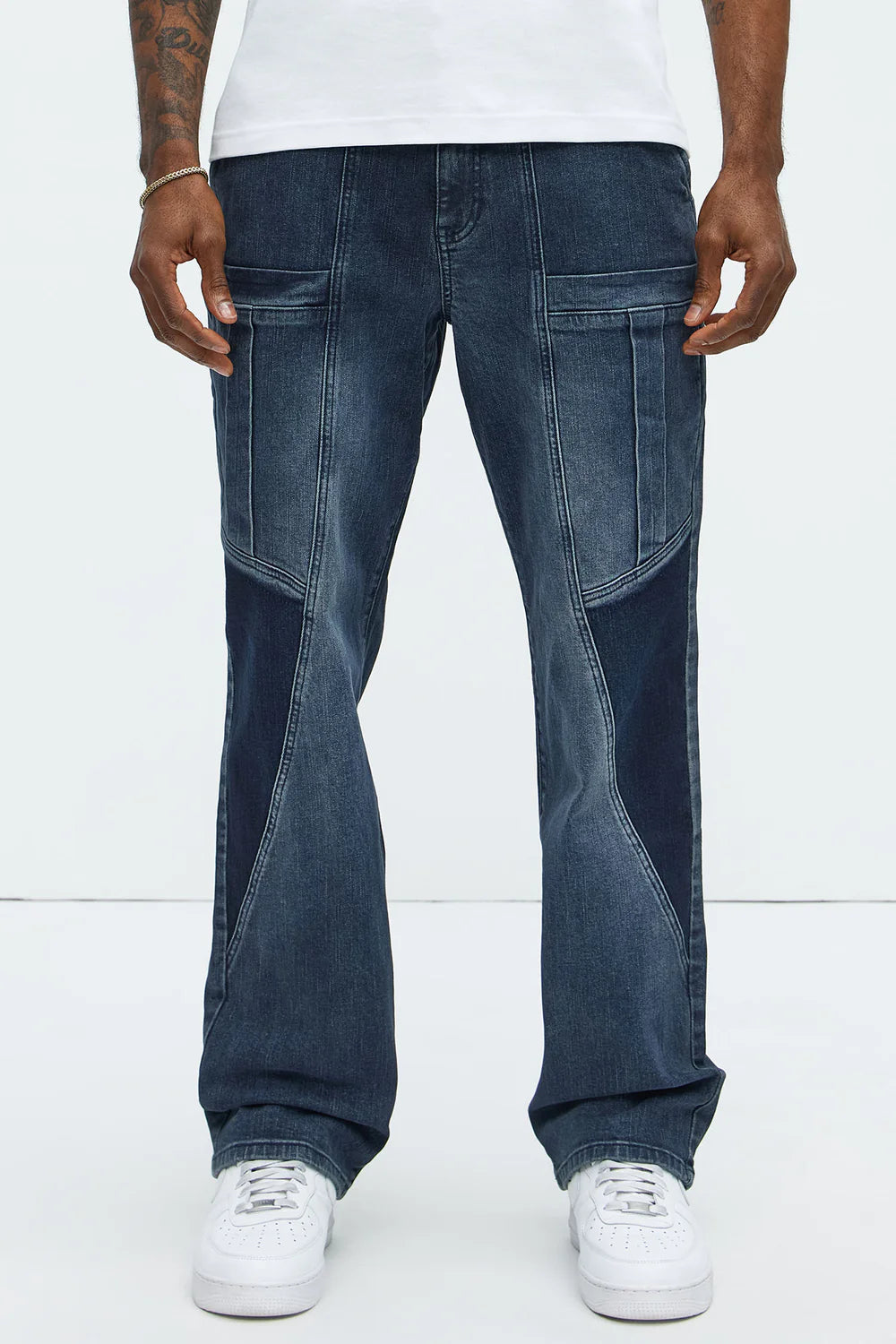 Heavy Pocket Straight Cargo Jeans - Medium Blue Wash