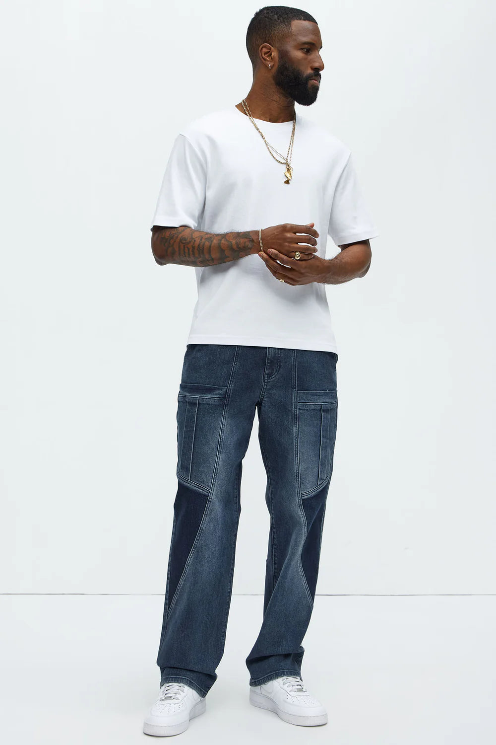 Heavy Pocket Straight Cargo Jeans - Medium Blue Wash