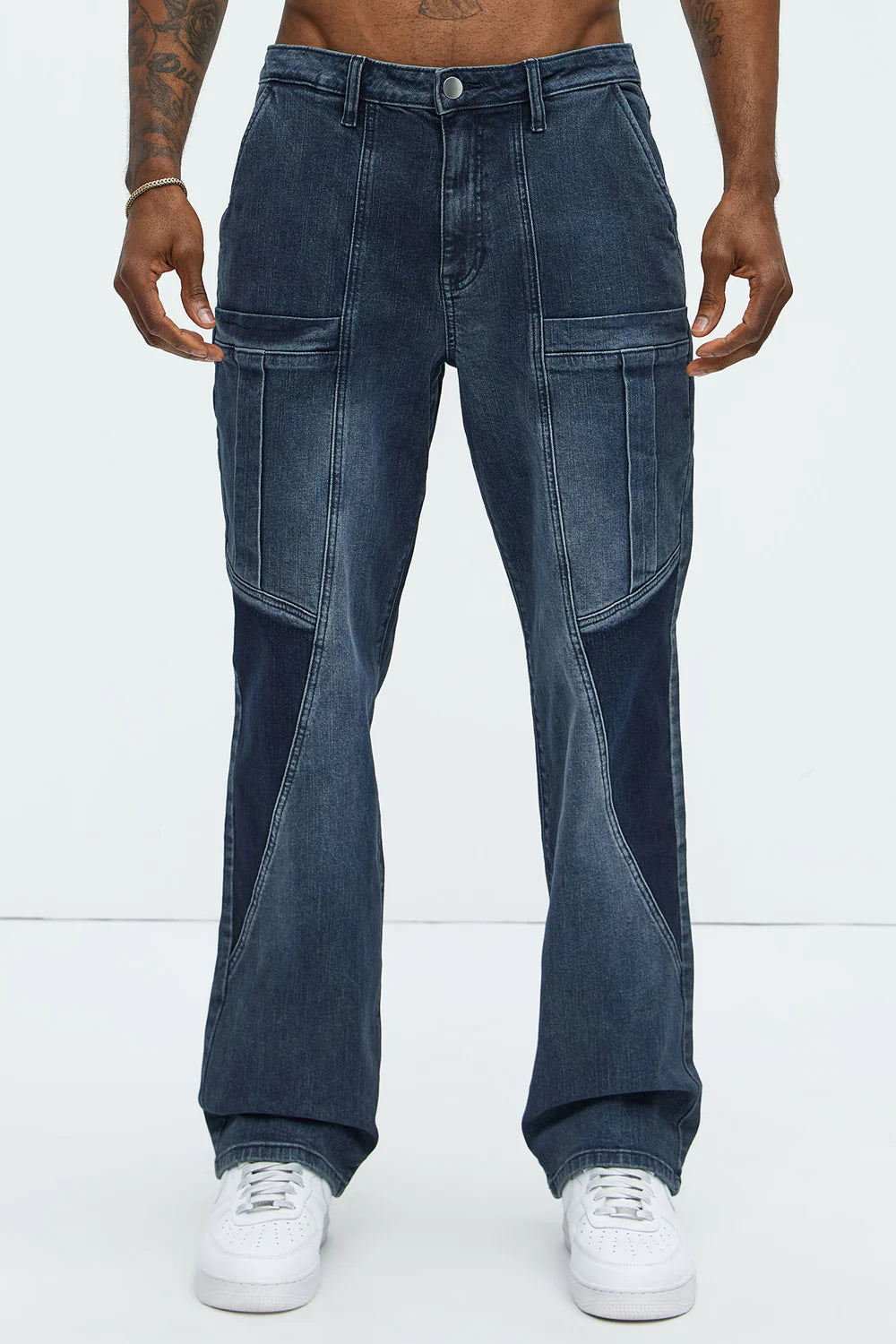 Heavy Pocket Straight Cargo Jeans - Medium Blue Wash