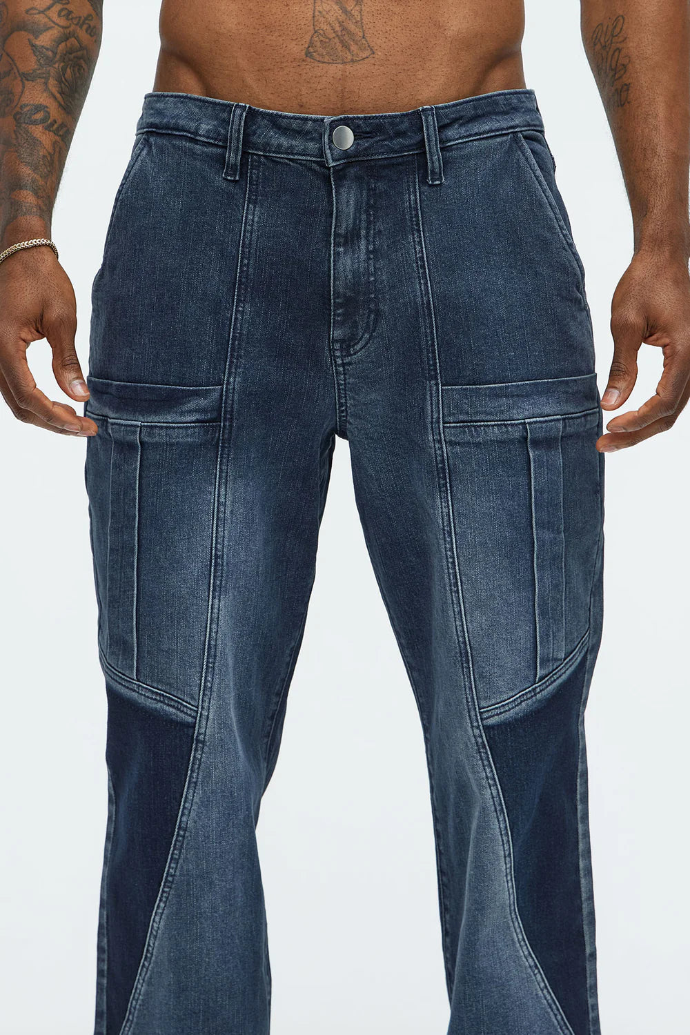 Heavy Pocket Straight Cargo Jeans - Medium Blue Wash