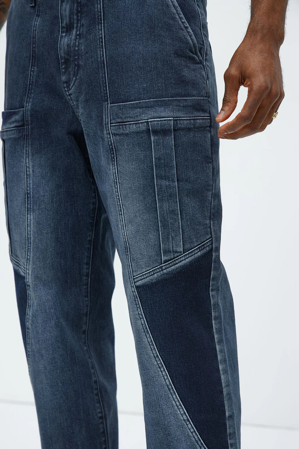 Heavy Pocket Straight Cargo Jeans - Medium Blue Wash