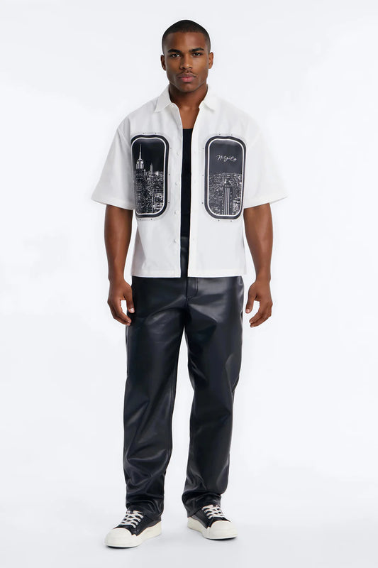 Skyline Views Short Sleeve Button Up Shirt - White