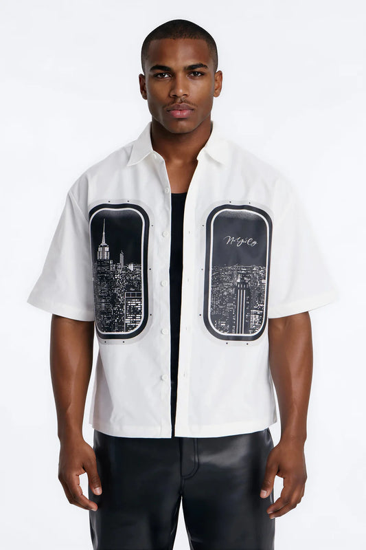 Skyline Views Short Sleeve Button Up Shirt - White