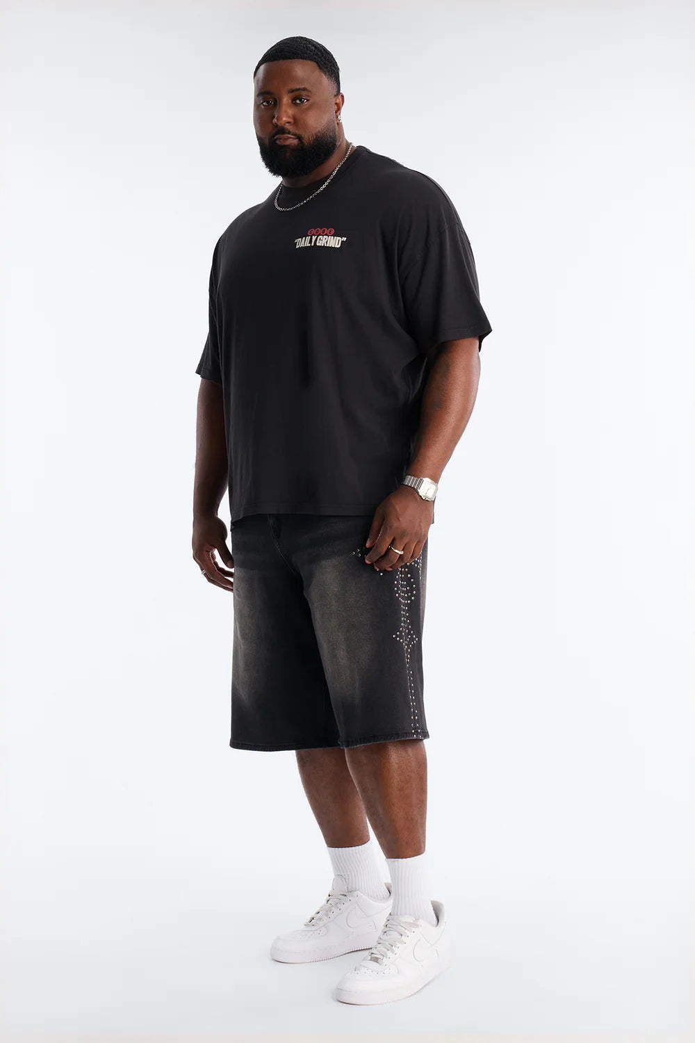 In Denim We Trust Baggy Studded Denim Short - Black Wash