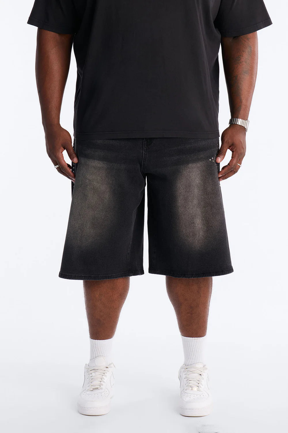 In Denim We Trust Baggy Studded Denim Short - Black Wash