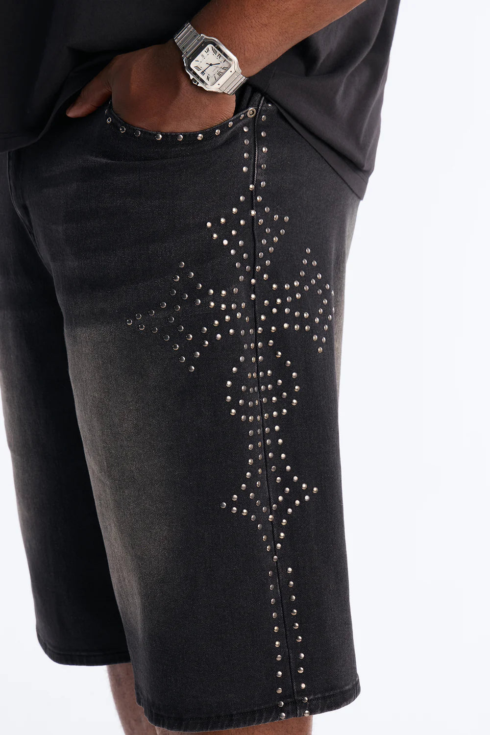 In Denim We Trust Baggy Studded Denim Short - Black Wash
