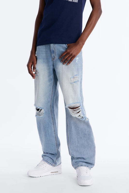 Essential Destroyed Straight Rigid Jean - Light Blue Wash