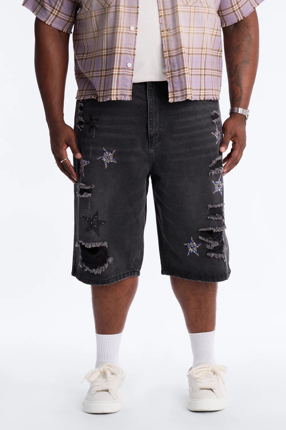 Cosmic Jeweled Baggy Denim Short - Black Wash