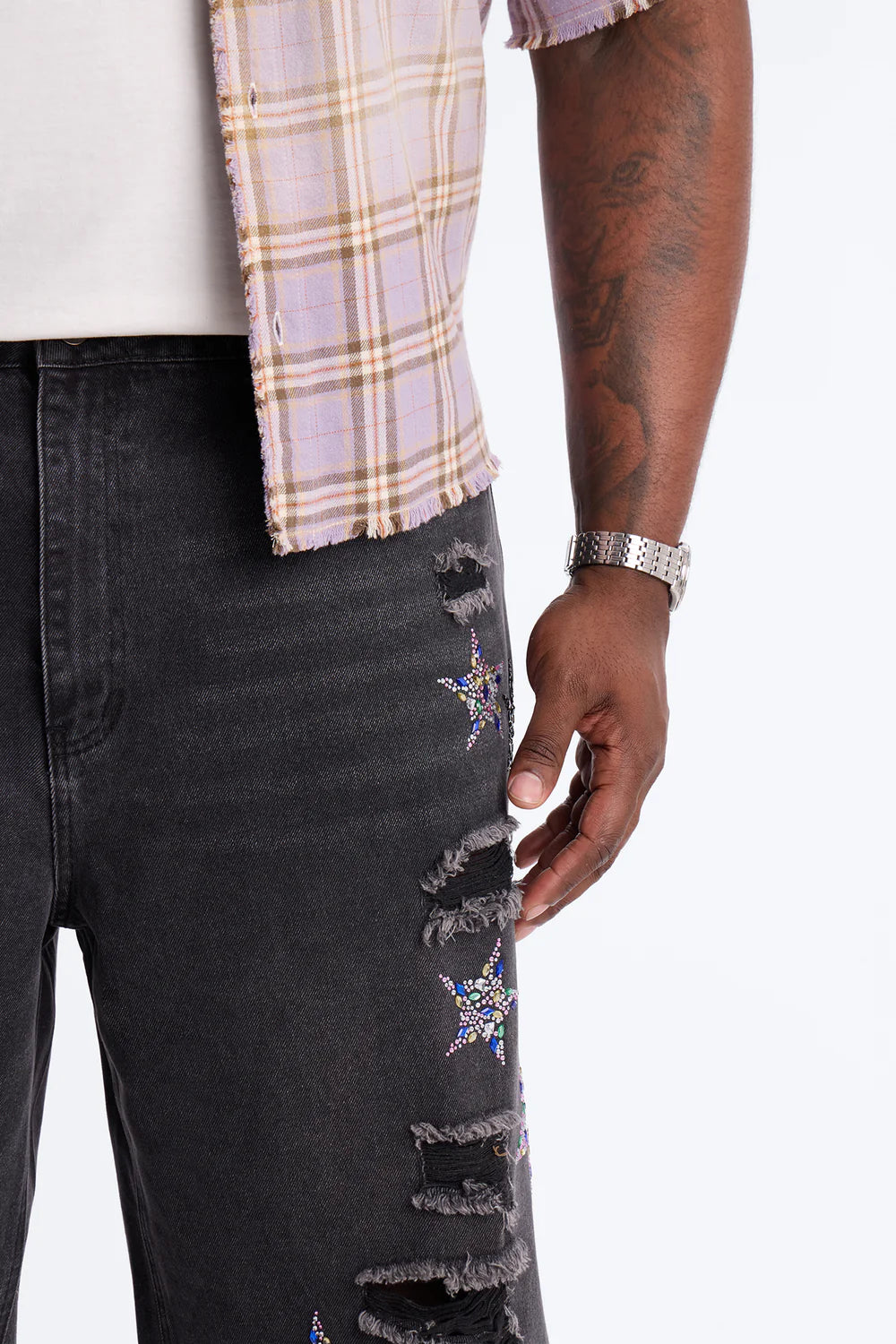 Cosmic Jeweled Baggy Denim Short - Black Wash