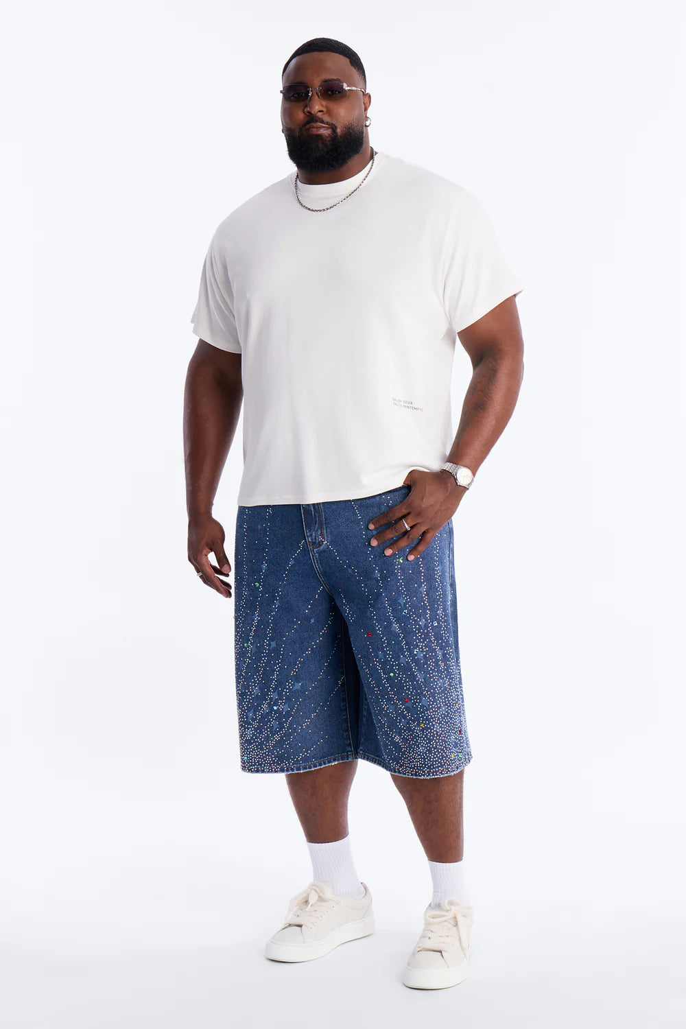 Baggy Cascade Jeweled Denim Shorts - Dark Wash
