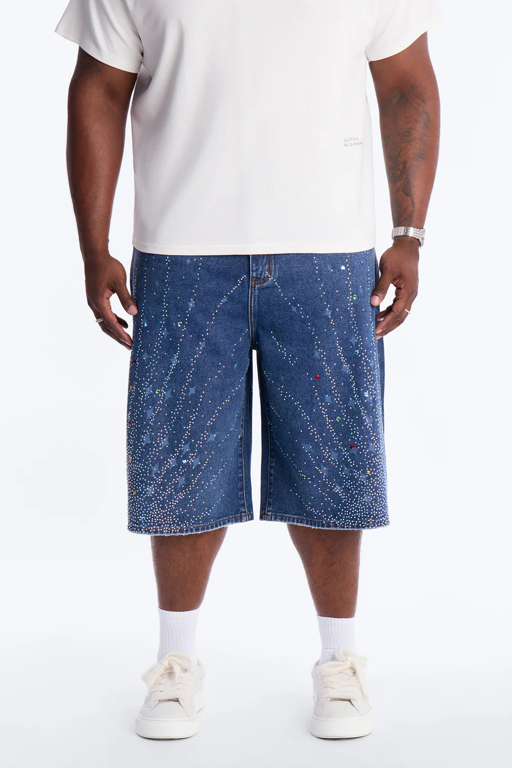Baggy Cascade Jeweled Denim Shorts - Dark Wash