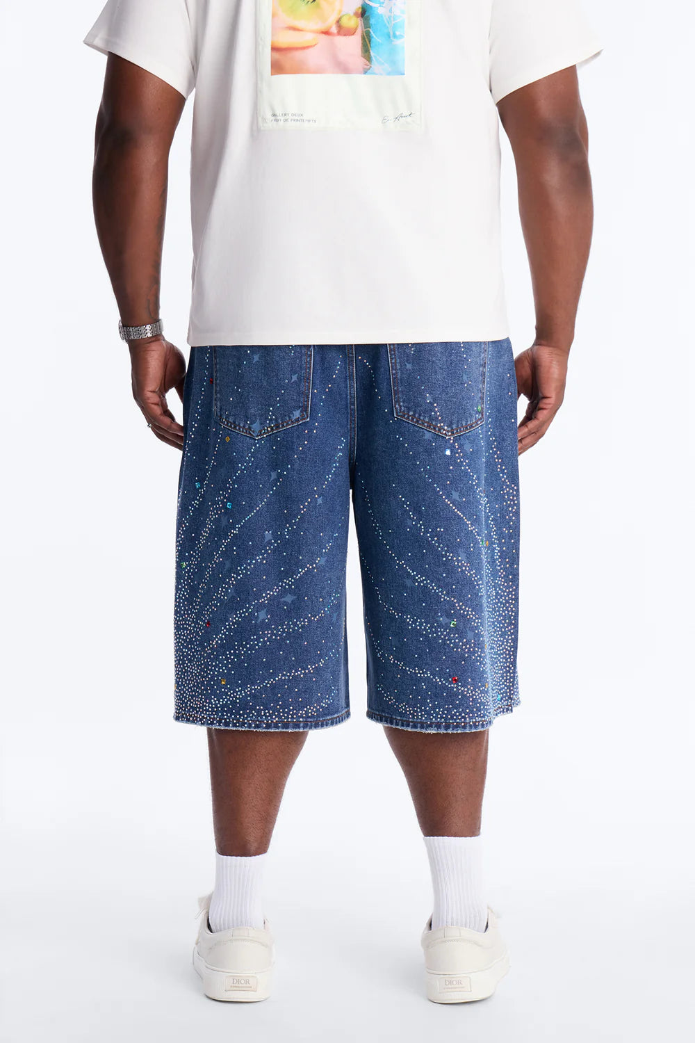 Baggy Cascade Jeweled Denim Shorts - Dark Wash