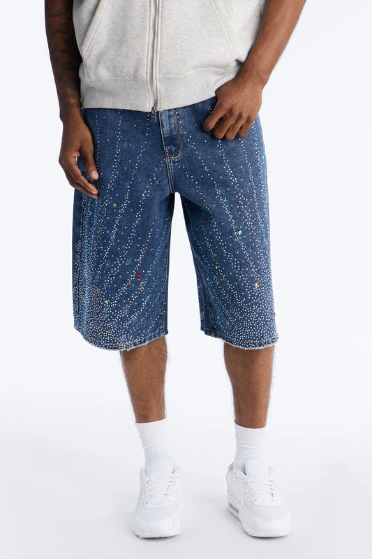 Baggy Cascade Jeweled Denim Shorts - Dark Wash