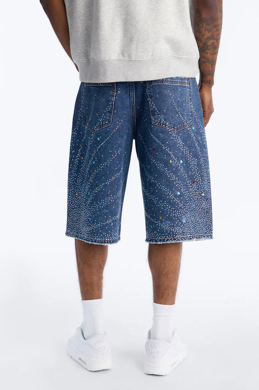 Baggy Cascade Jeweled Denim Shorts - Dark Wash