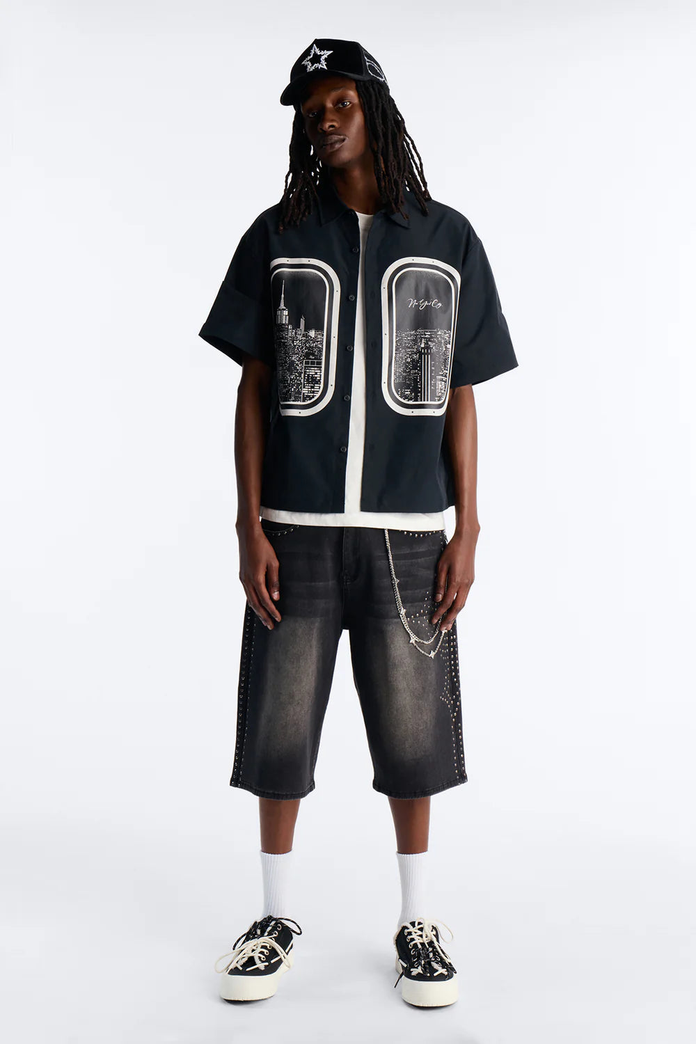 Skyline Views Short Sleeve Button Up Shirt - Black