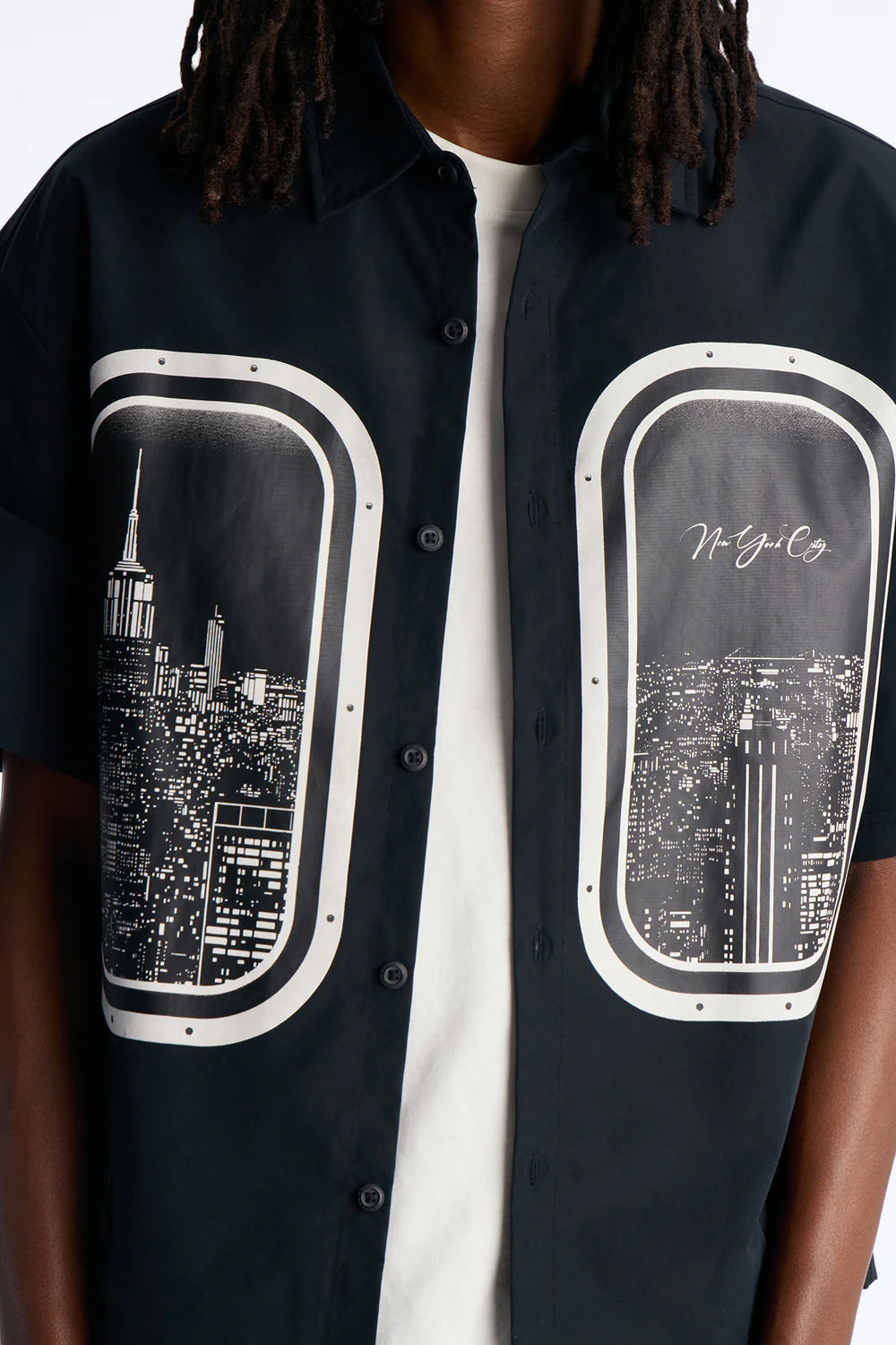 Skyline Views Short Sleeve Button Up Shirt - Black