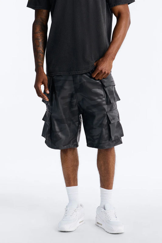Faux Leather Camo Mirage Cargo Short - Grey