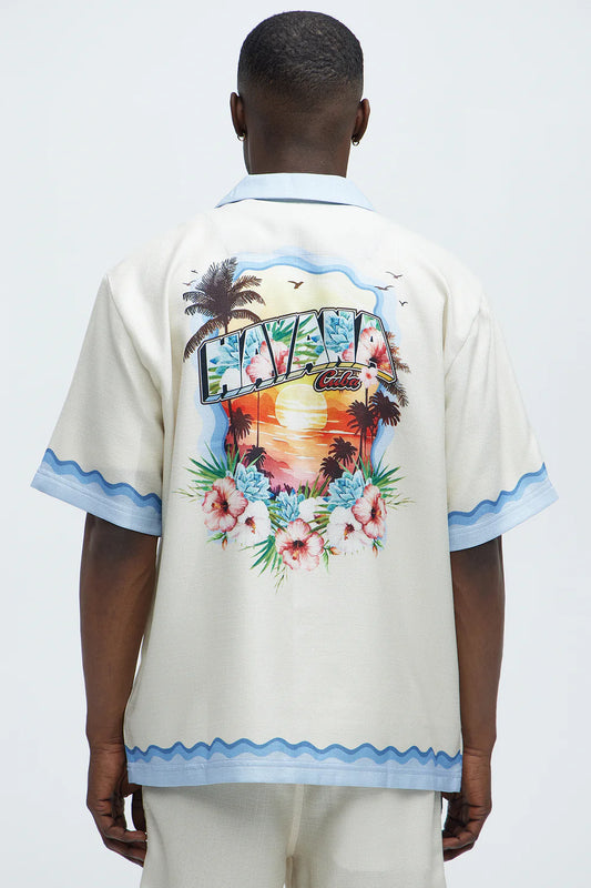 Havana Colorblock Border Print Button Up Shirt - Cream/combo