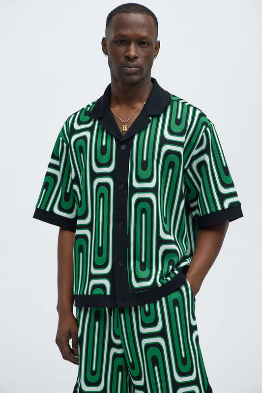 Jack Retro Pattern Cuban Collar Shirt - Green/combo