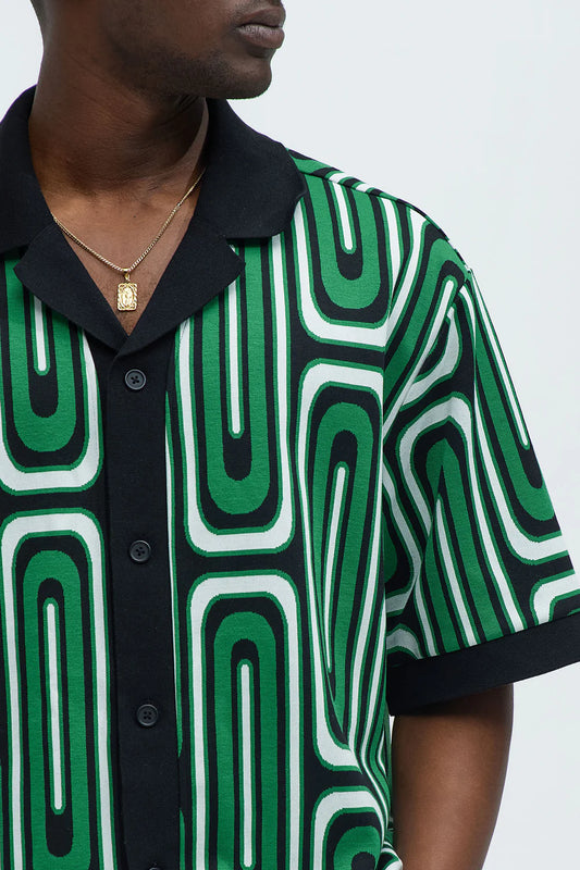 Jack Retro Pattern Cuban Collar Shirt - Green/combo