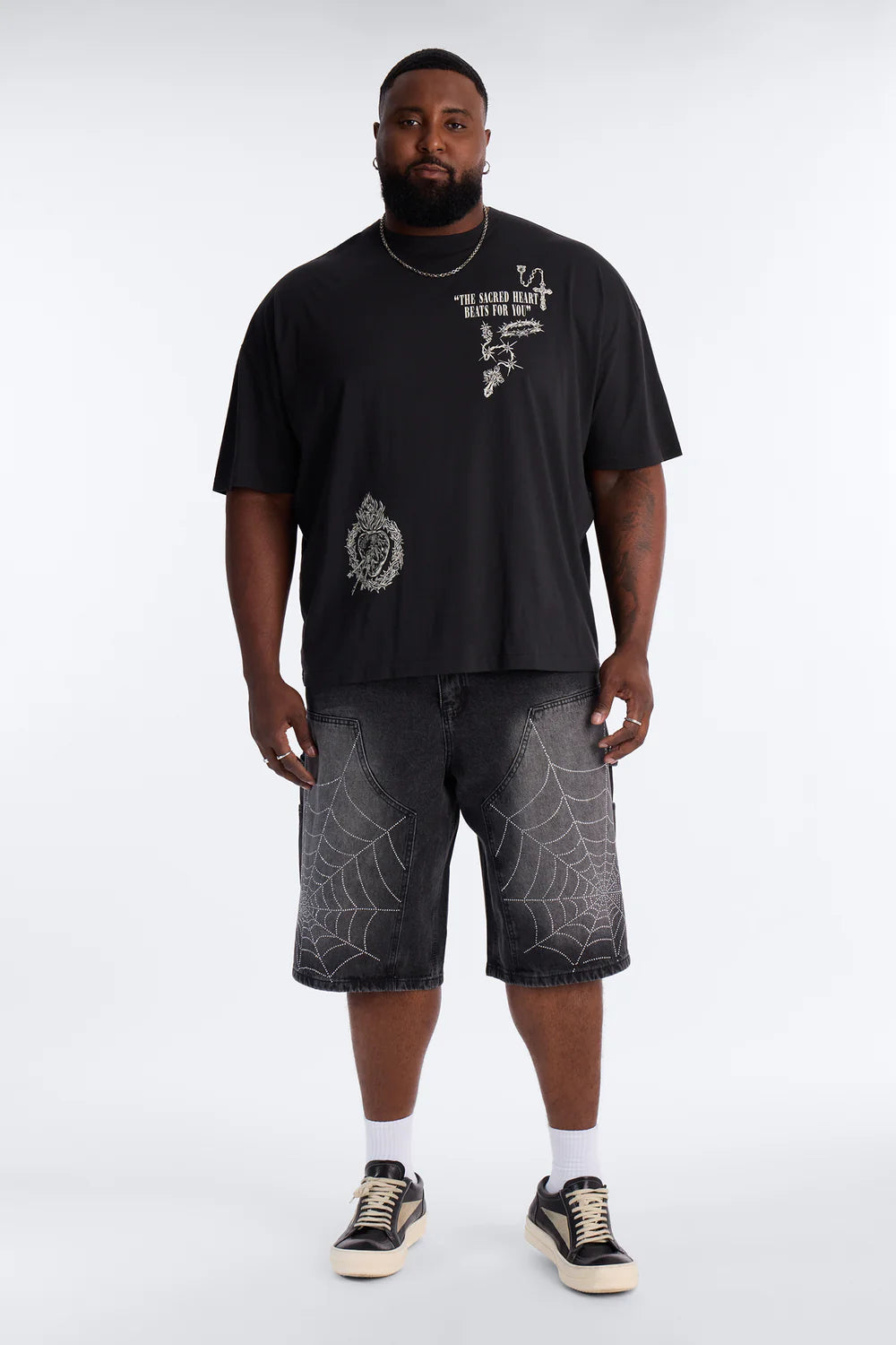 Baggy Jeweled Web Carpenter Denim Short - Black Wash