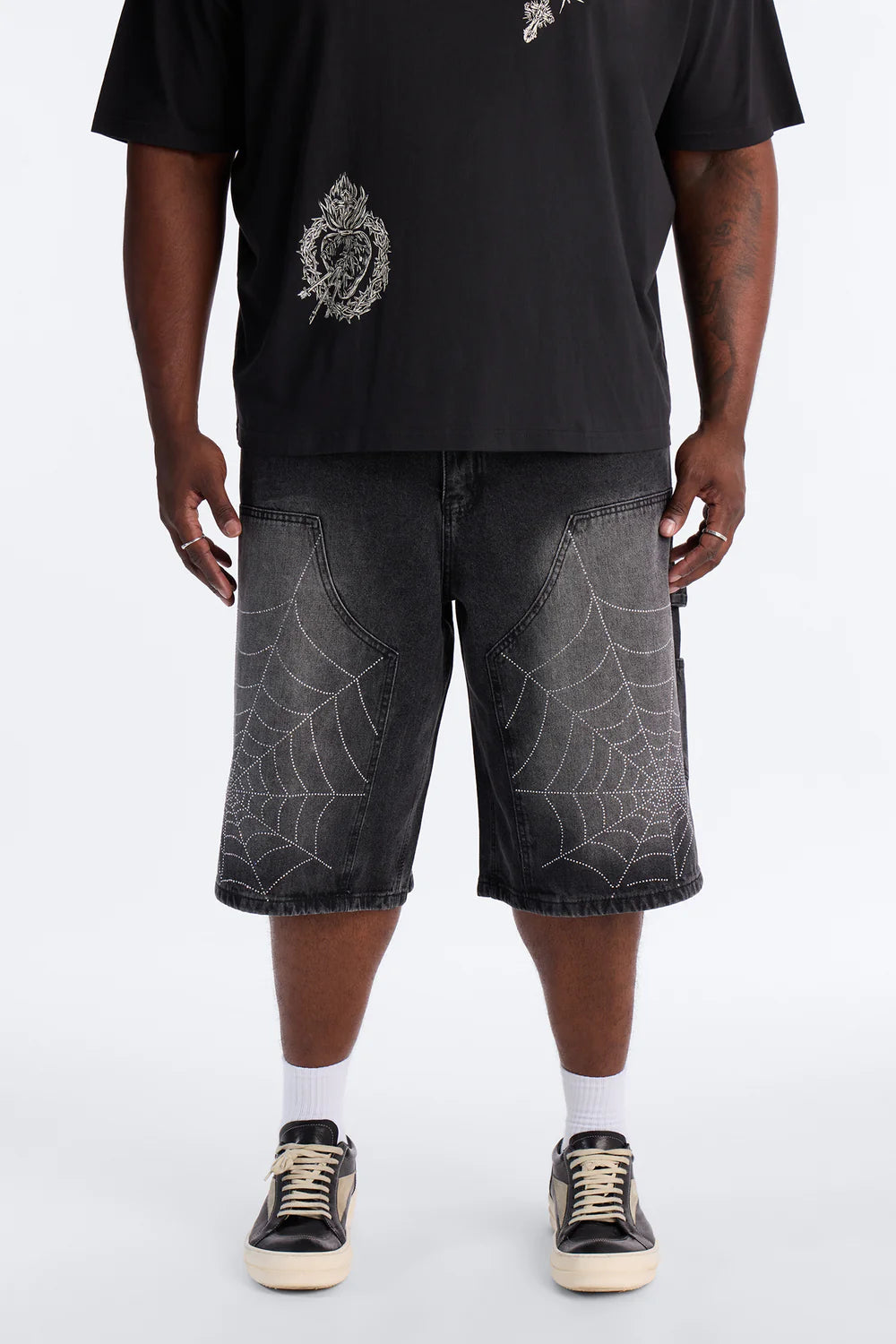 Baggy Jeweled Web Carpenter Denim Short - Black Wash