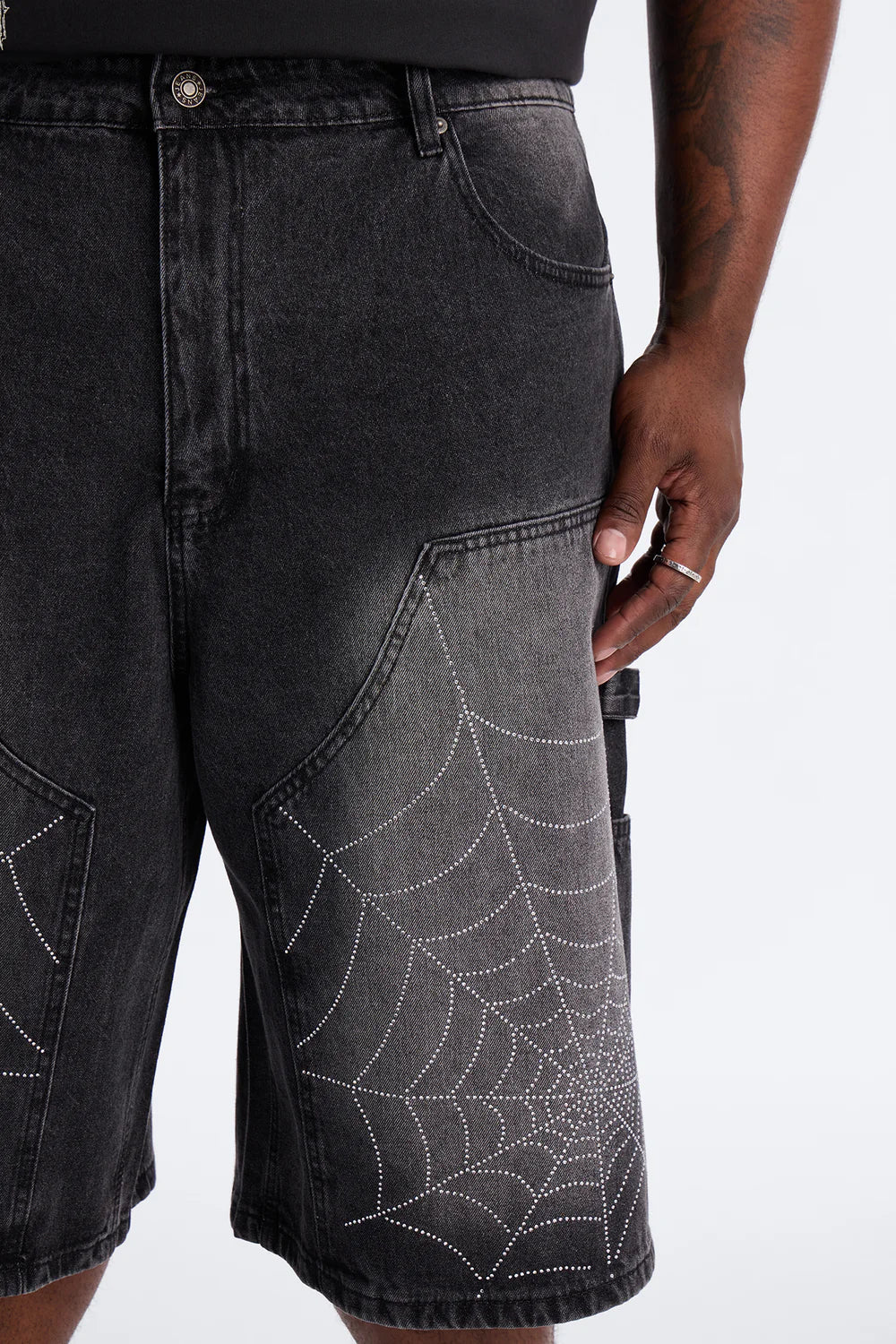 Baggy Jeweled Web Carpenter Denim Short - Black Wash