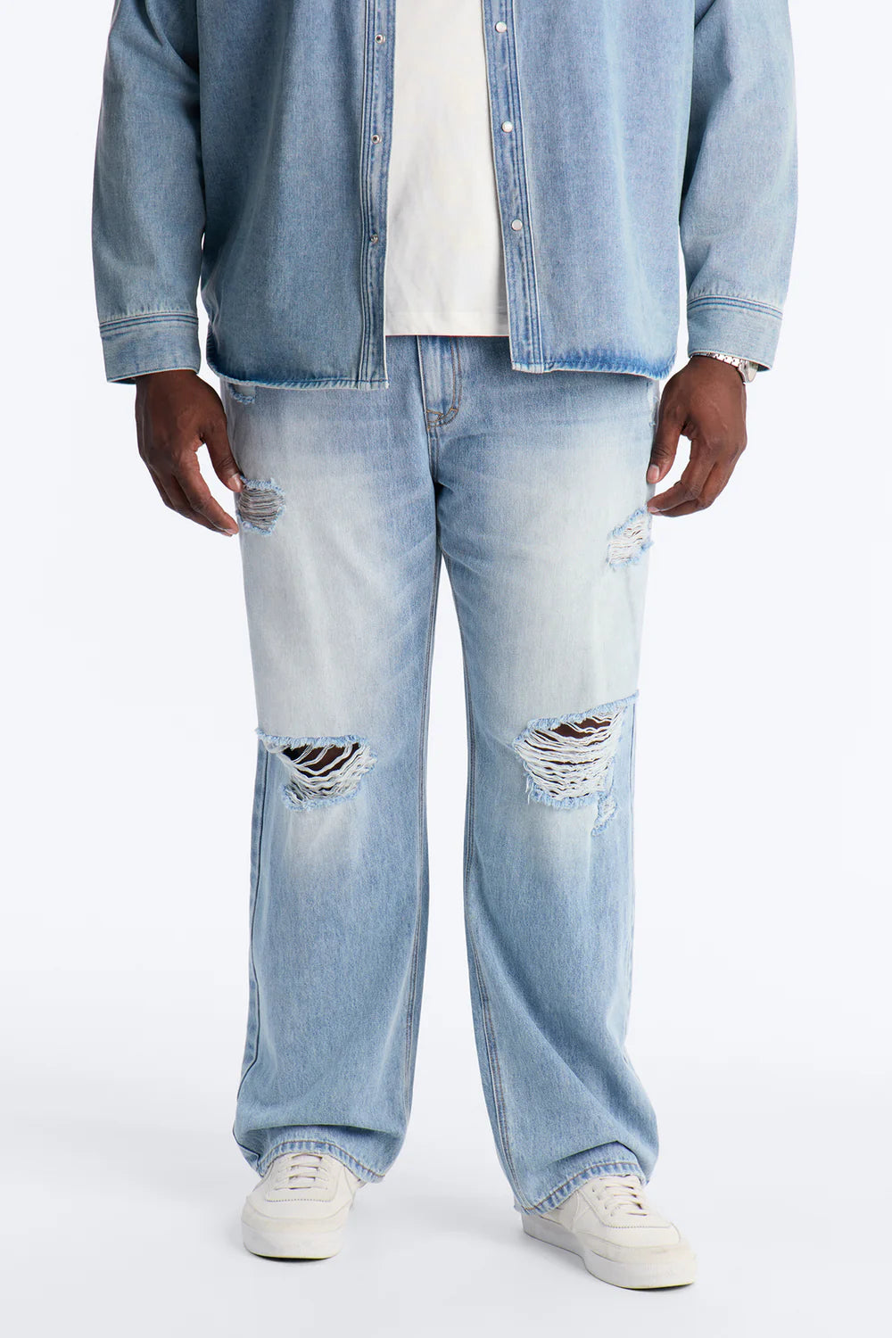 Essential Destroyed Straight Rigid Jean - Light Blue Wash