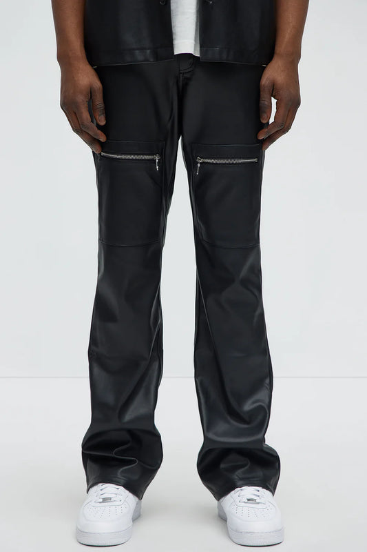 Cut Some Loose Straight Faux Leather Pants - Black
