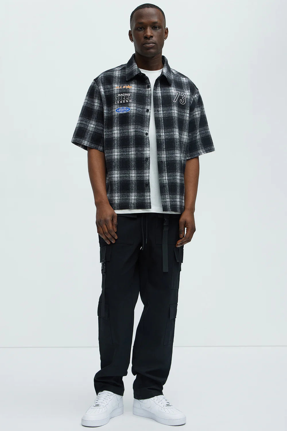 All Star Plaid Button Down Cropped Short Sleeve Shirt - Black/combo