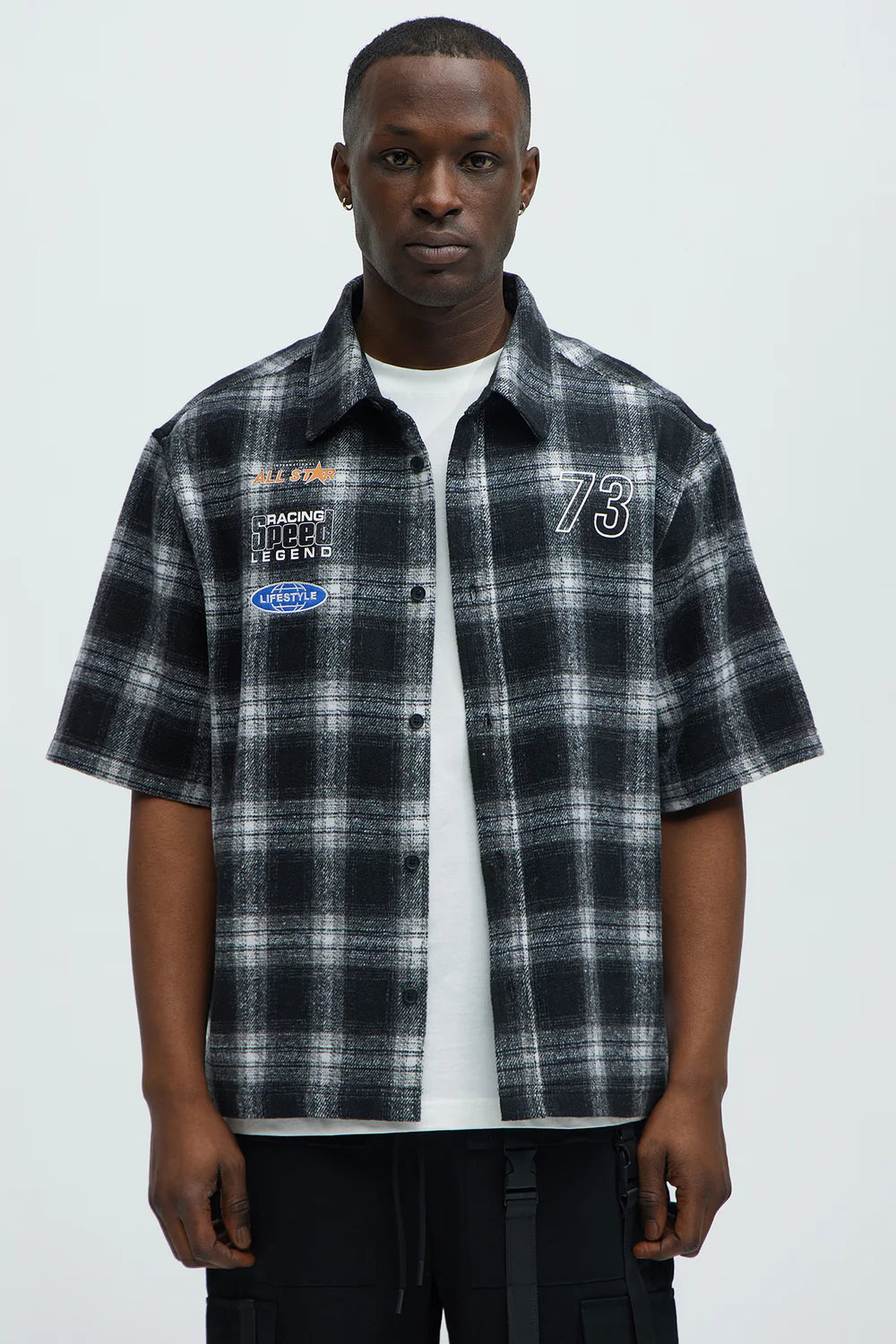 All Star Plaid Button Down Cropped Short Sleeve Shirt - Black/combo