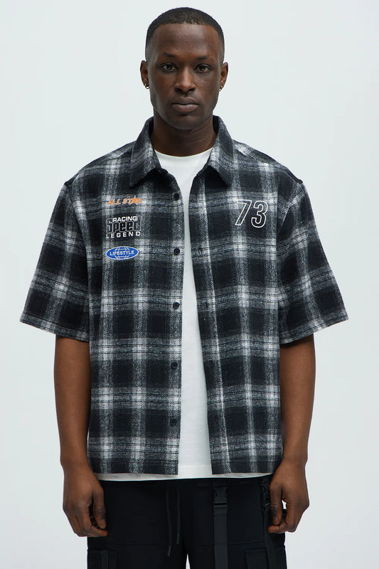 All Star Plaid Button Down Cropped Short Sleeve Shirt - Black/combo