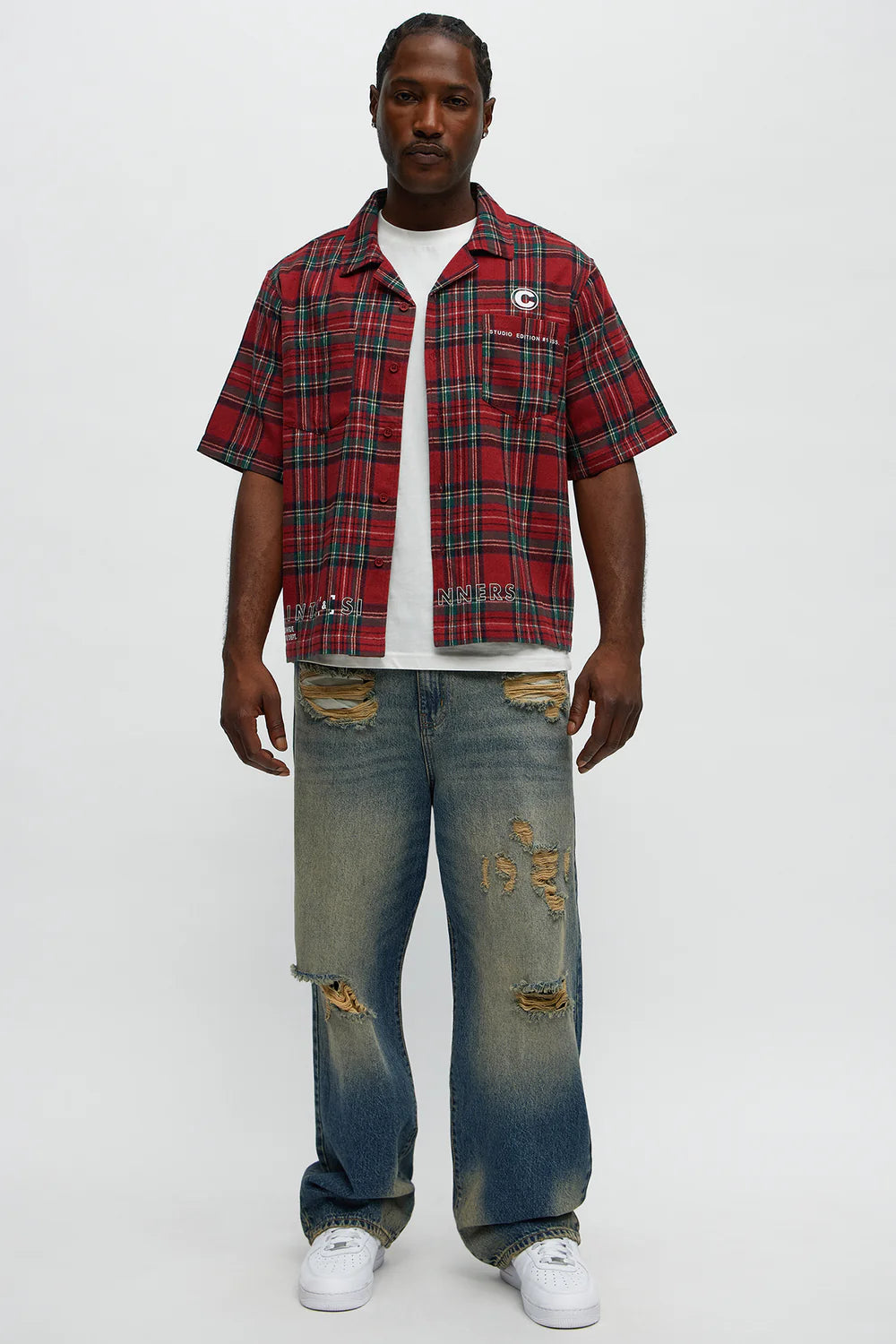 Culture Plaid Cropped Button Up Shirt - Red