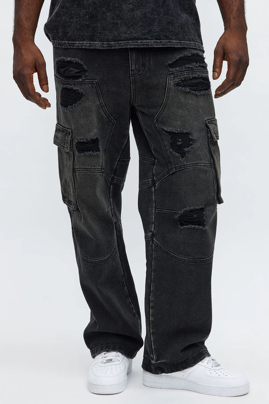 Baggy Get Closer Distressed Cargo Jeans - Black Wash