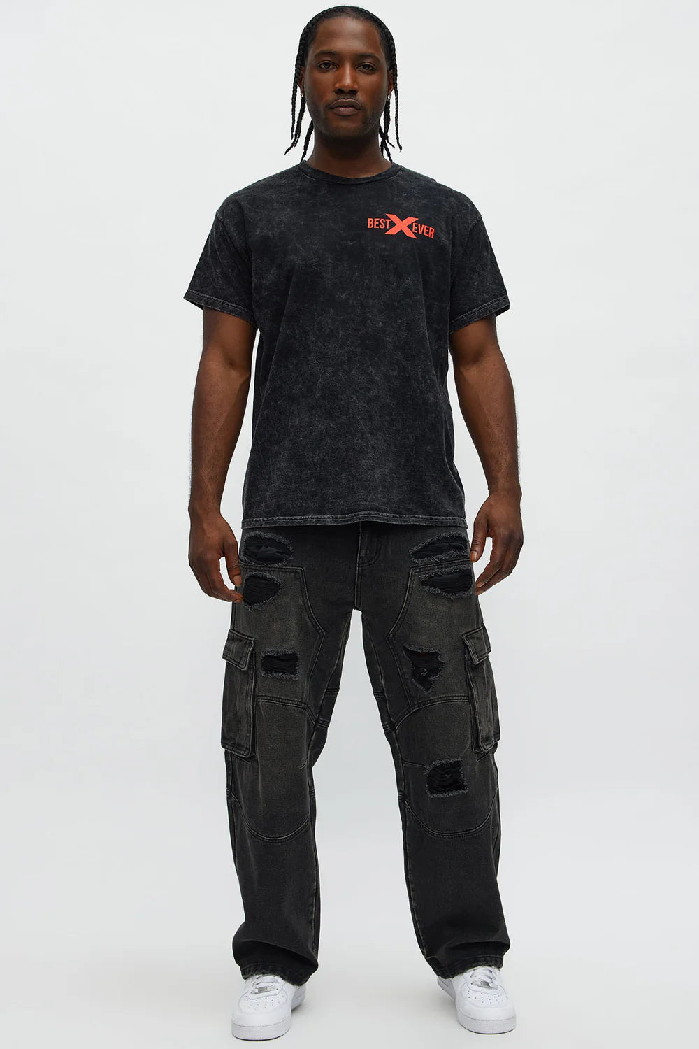 Baggy Get Closer Distressed Cargo Jeans - Black Wash