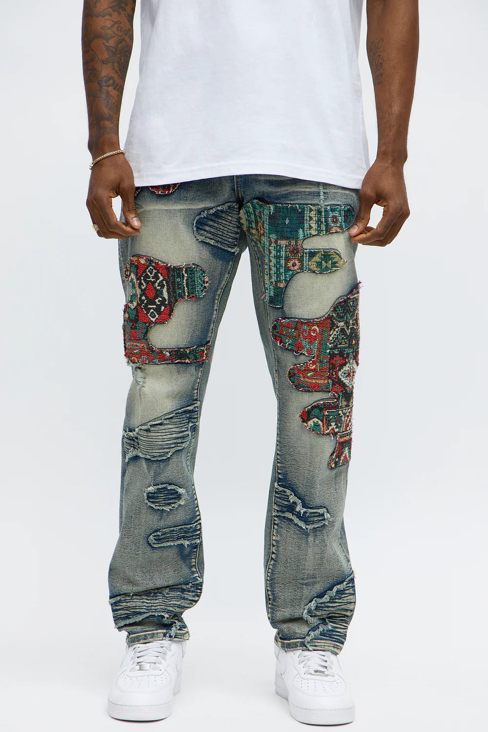 Slim Patched Tapestry Distressed Jeans - Vintage Blue Wash