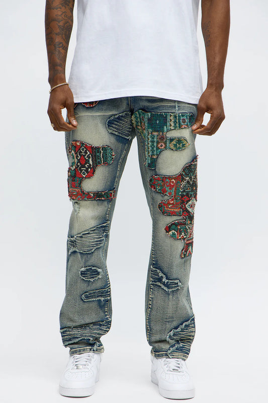 Slim Patched Tapestry Distressed Jeans - Vintage Blue Wash