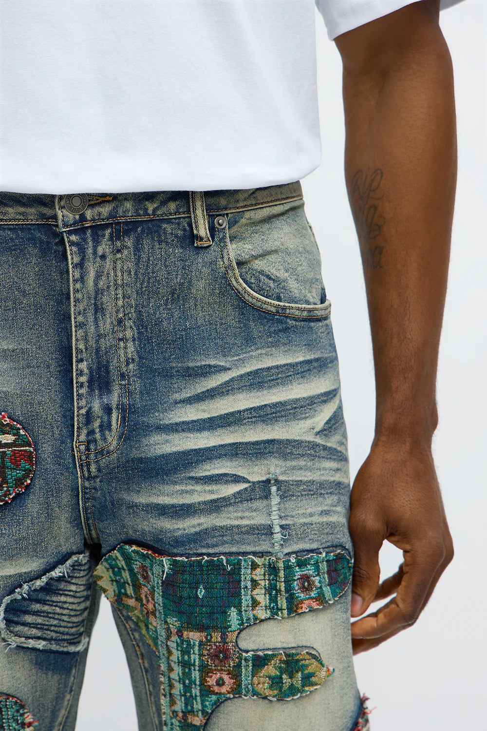 Slim Patched Tapestry Distressed Jeans - Vintage Blue Wash