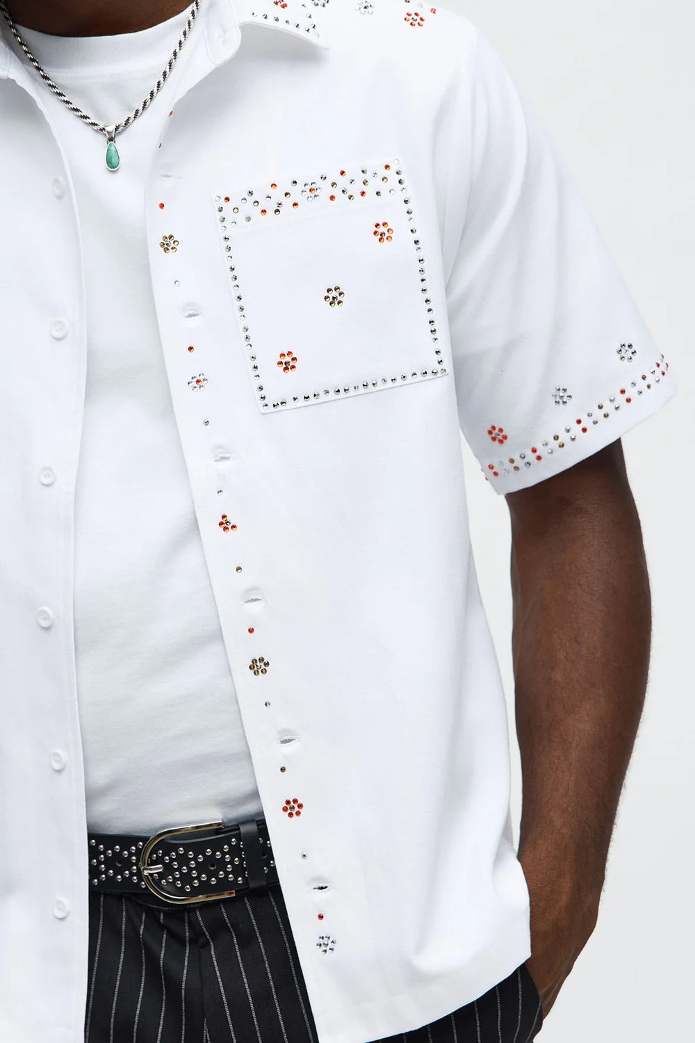 Midnight Blossom Rhinestone Button Up - White