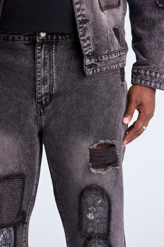 Straight In Due Time Distressed Patch Jean - Black Wash