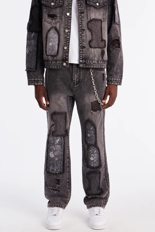 Straight In Due Time Distressed Patch Jean - Black Wash